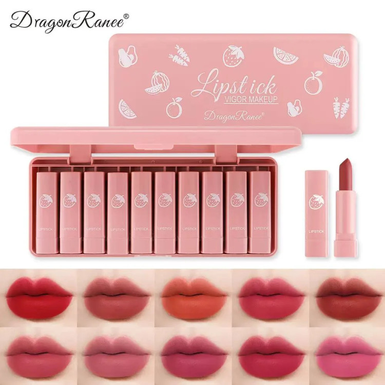ست رژ لب مات 10 عددی دراگون رانی مدل Lipstick Vigor Makeup