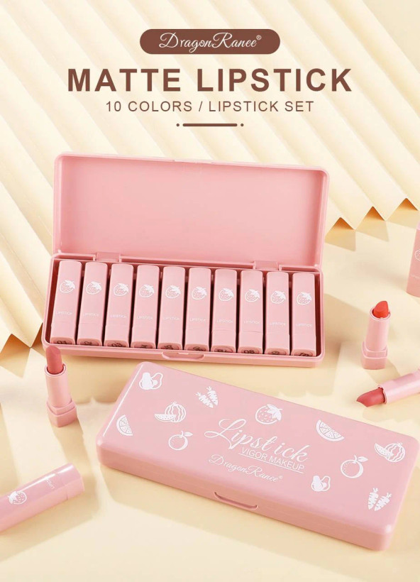 ست رژ لب مات 10 عددی دراگون رانی مدل Lipstick Vigor Makeup